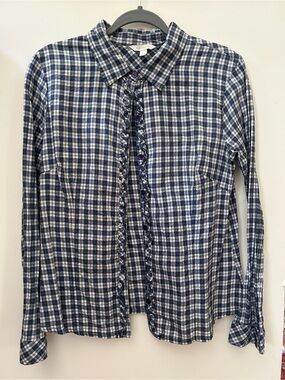 Garnet Hill Blue and White Plaid Ruffle-Trim Shirt